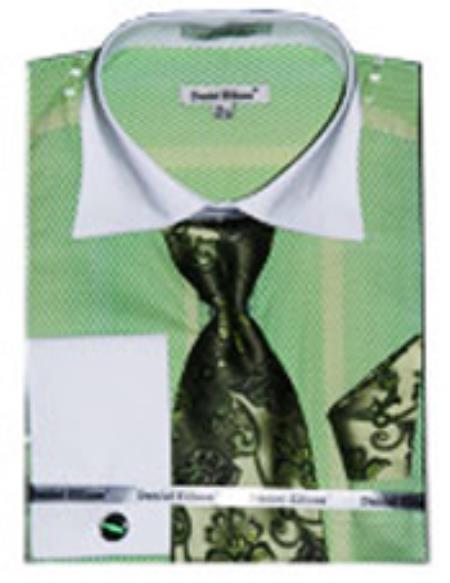 Men's Fancy Shirts White Collar Two Toned Contrast lime mint Green ~ Apple ~ Neon Bright Green (100% Polyester)
