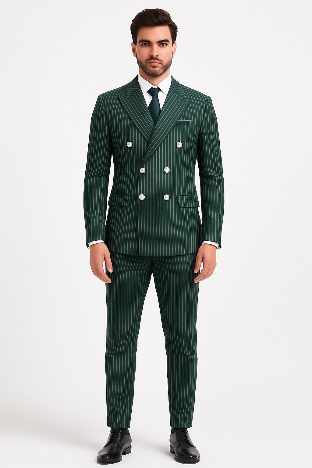Green Pinstripe Double-Breasted Suit - Slim Fit