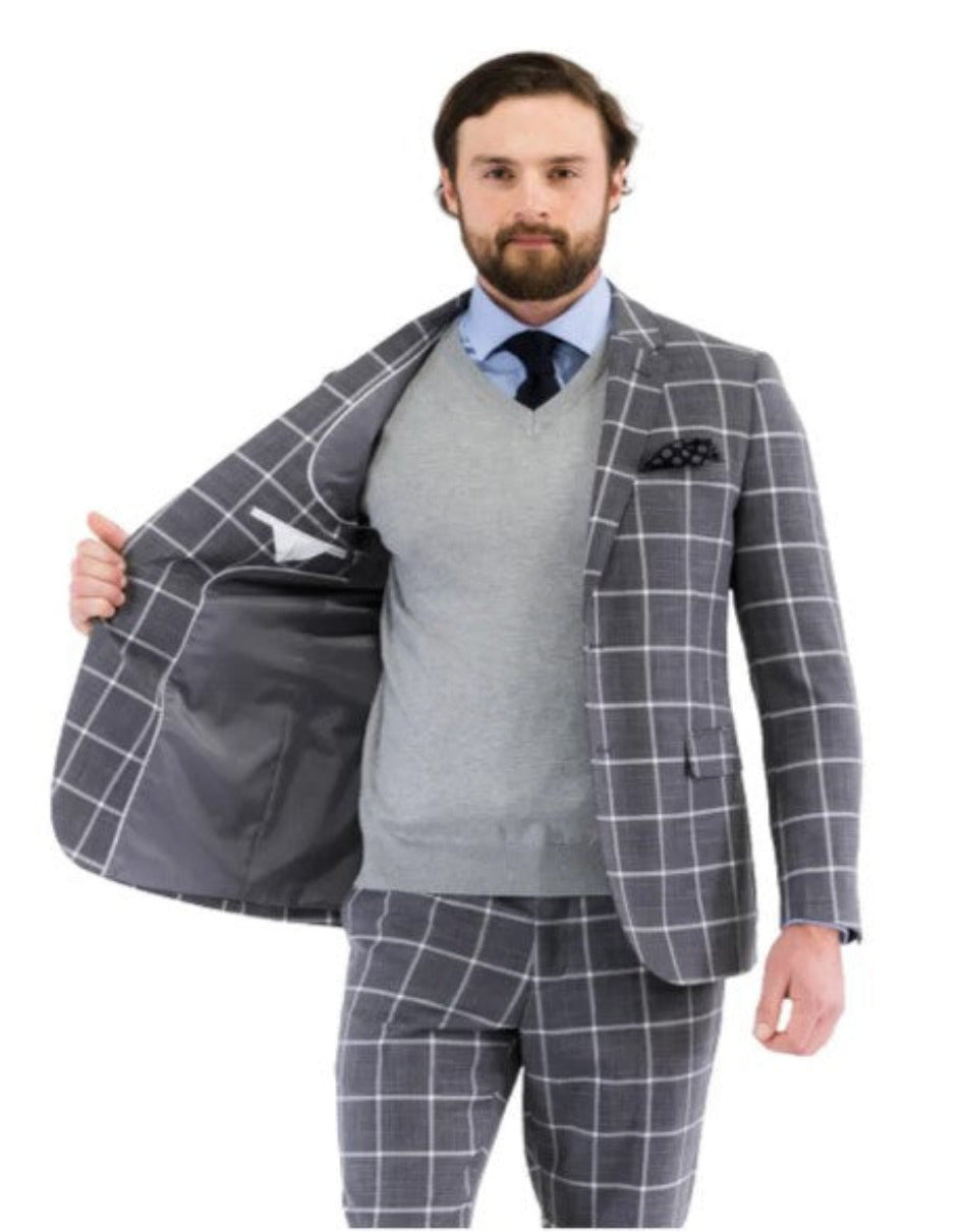 Mens Grey Plaid Suit with Vest - Windowpane Pattern