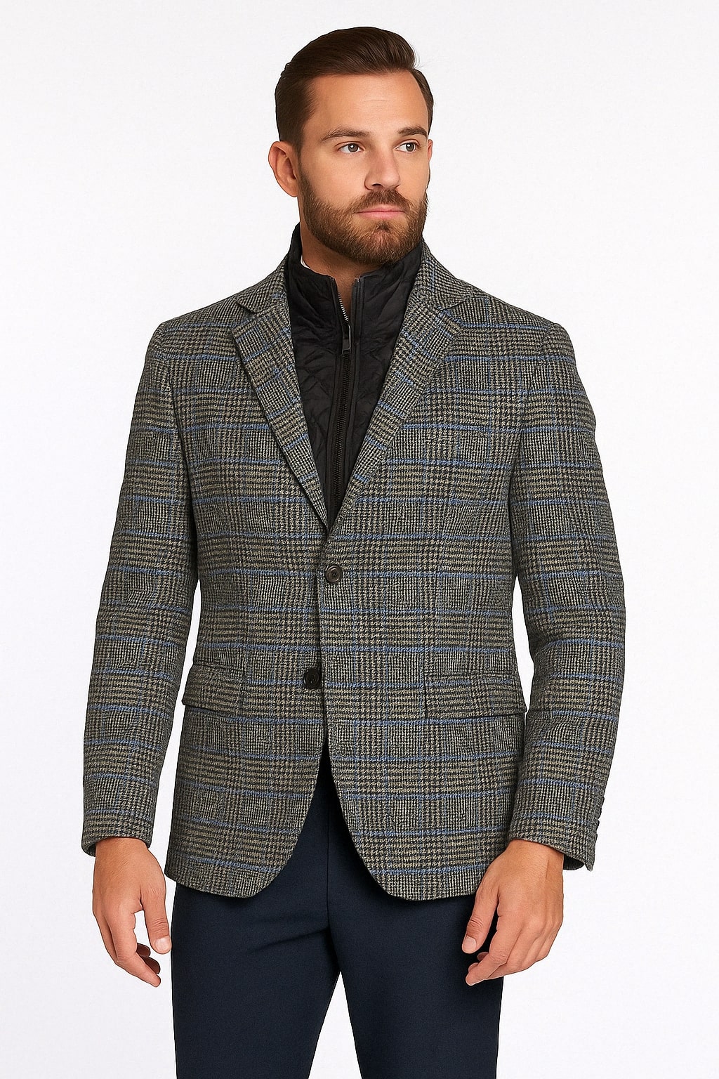 Grey & Blue Glen Check Wool Blazer with Quilted Layer