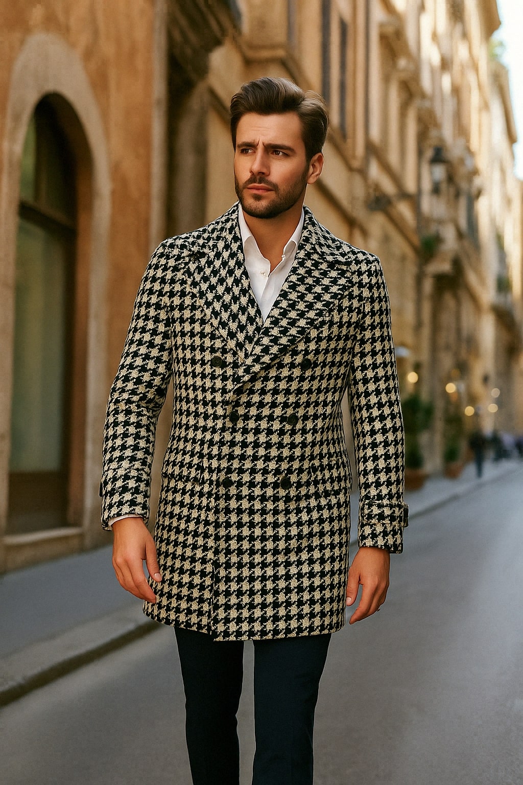 Men’s Houndstooth Wool Peacoat Slim Fit