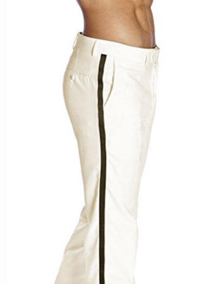 Men's Black Satin Stripe Classic Fit Solid Ivory Tuxedo Flat Front Pant