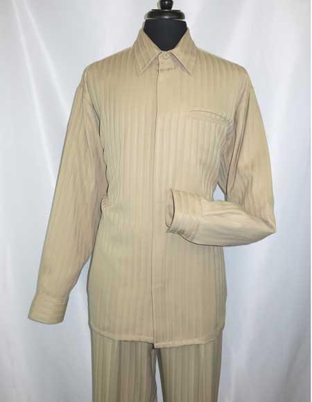Men's Tone On Tone Long Sleeve Khaki Hidden Buttons Casual Two Piece Walking Outfit For Sale Pant Sets Shirt + Pant Set