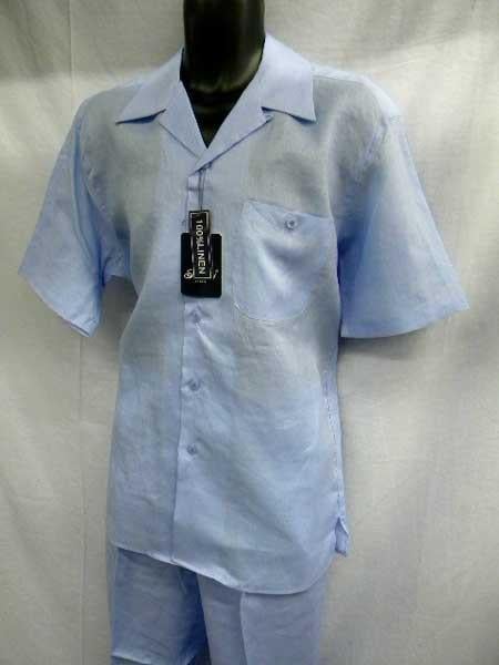 Men's Light Blue Linen 2 Piece Casual Two Piece Mens Walking Outfit For Sale Pant Sets Suit Short Sleeve Casual Shirt & Pant