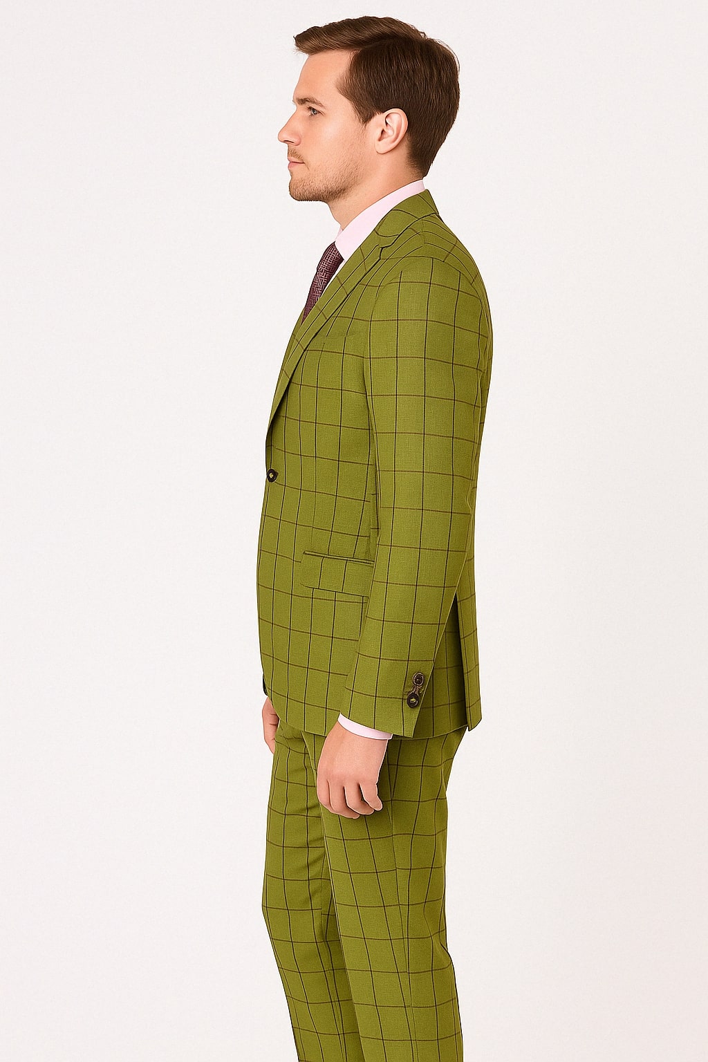 Men's Olive Green Three-Piece Plaid Suit