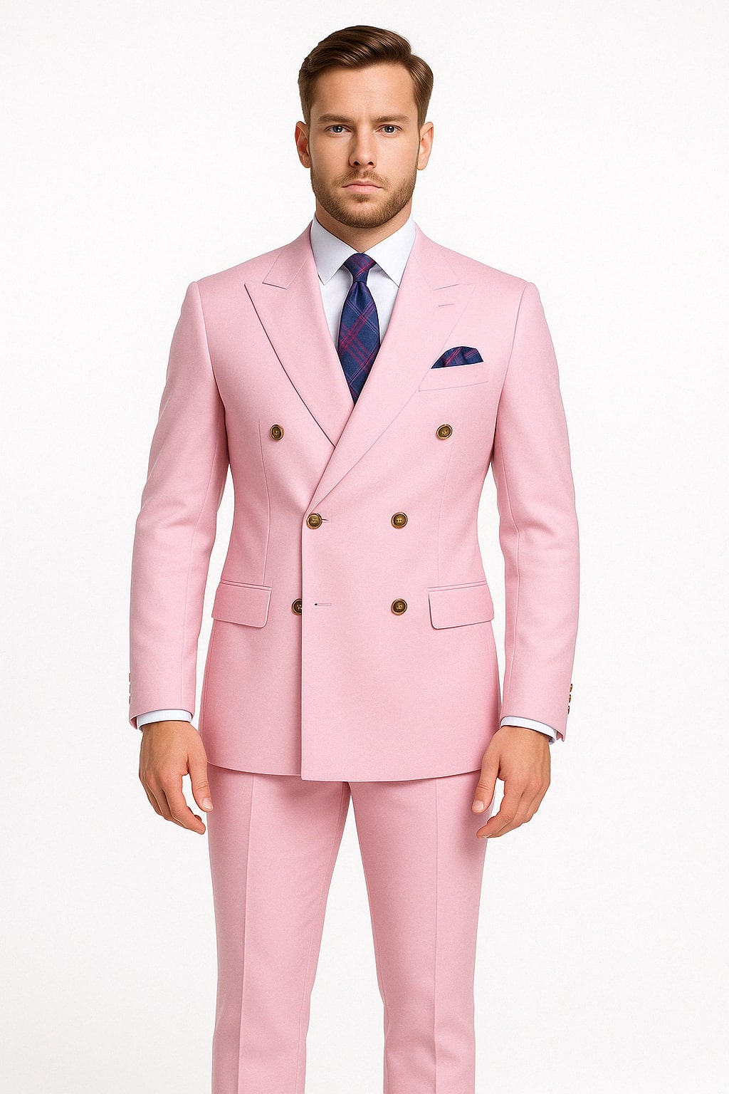 Light Pink Double-Breasted Slim Suit with Gold Buttons