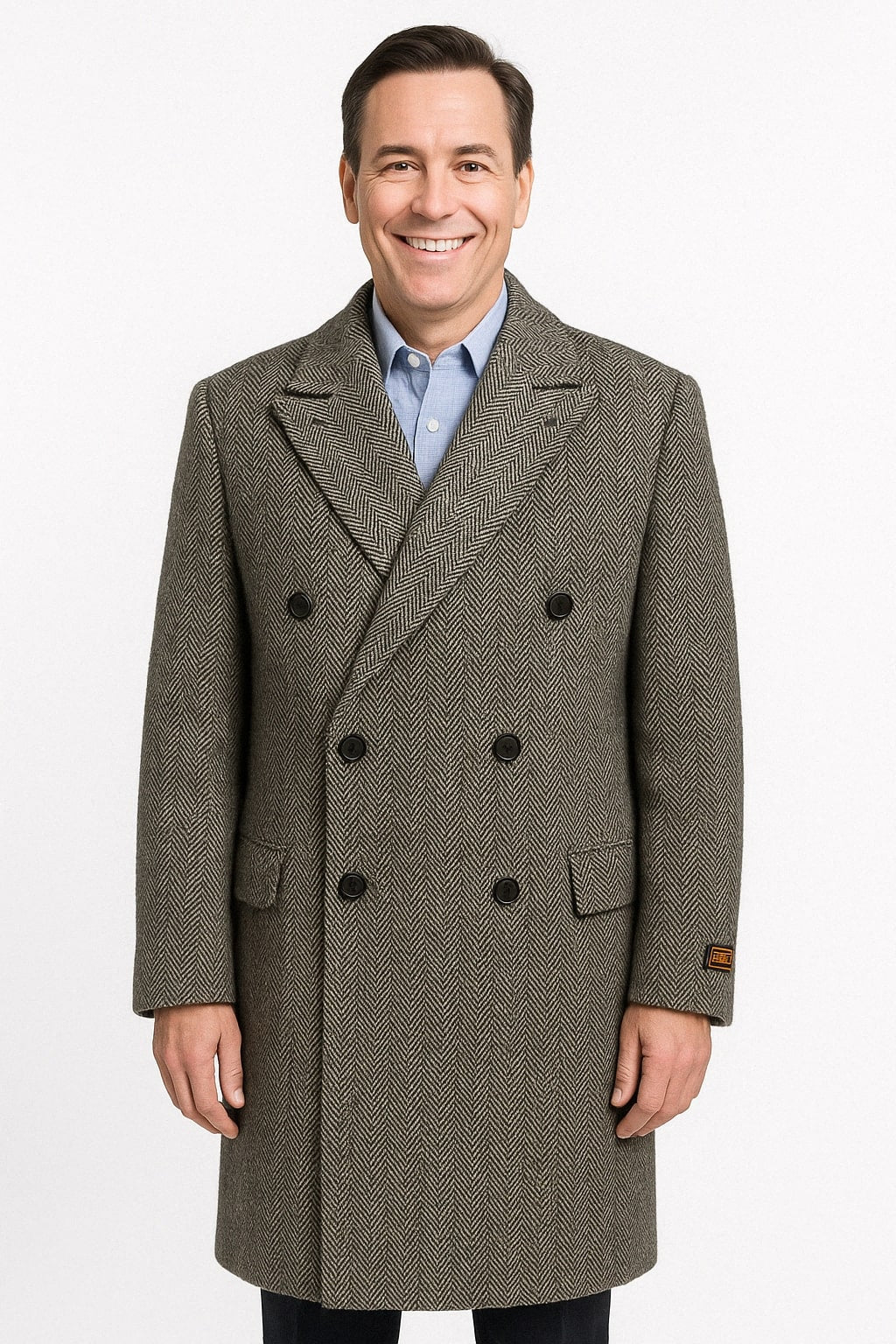 Classic Double-Breasted Herringbone Wool Overcoat