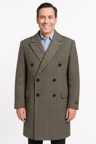 Classic Double-Breasted Herringbone Wool Overcoat