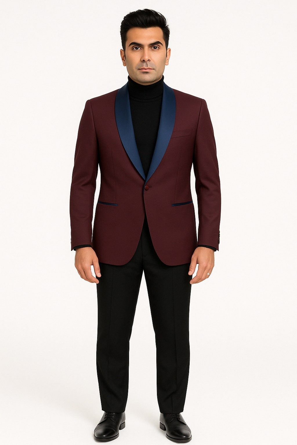 Maroon Slim Fit Tuxedo Jacket with Blue Shawl Lapel