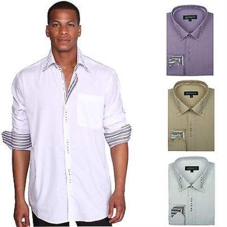 Stylish Unique 3 Square Button 6 Colors Style Multi-Color Men's Dress Shirt With Tie
