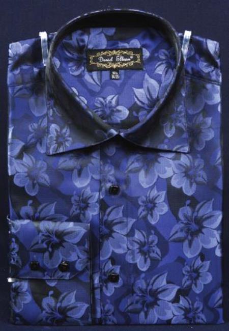 Navy Blue thick mandarin band Fancy Polyester Shirt