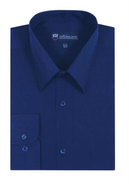 Plain Solid Color Traditional Navy Men's Dress Shirt