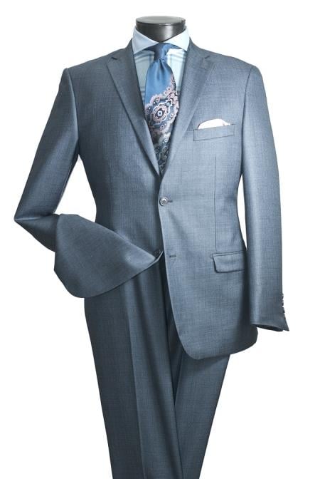 Smoky Blue ~ Men's 2 Button Slim Fit Light Blue sharkskin suit Flat Front Pants Side Vented