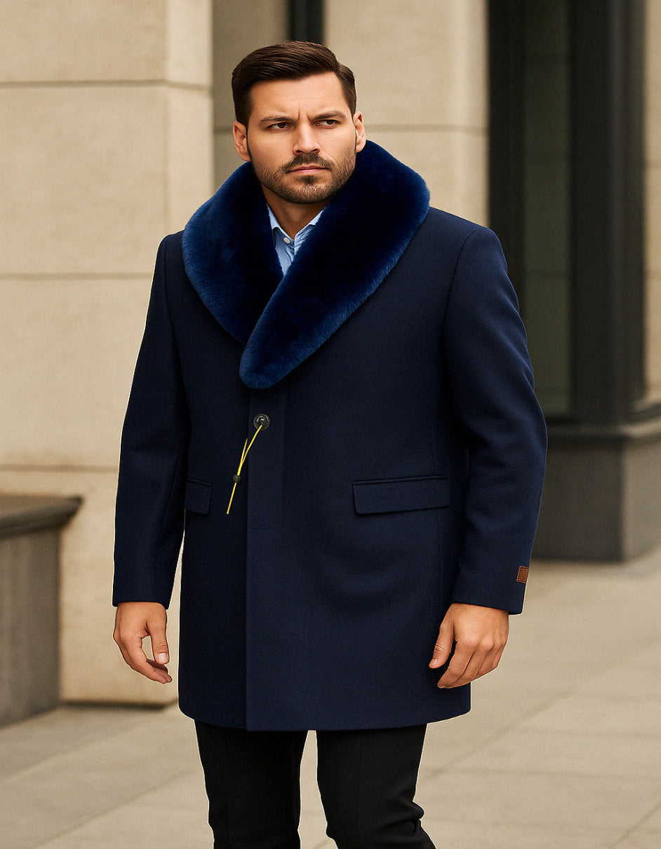 Navy Wool Overcoat with Royal Blue Fur Collar