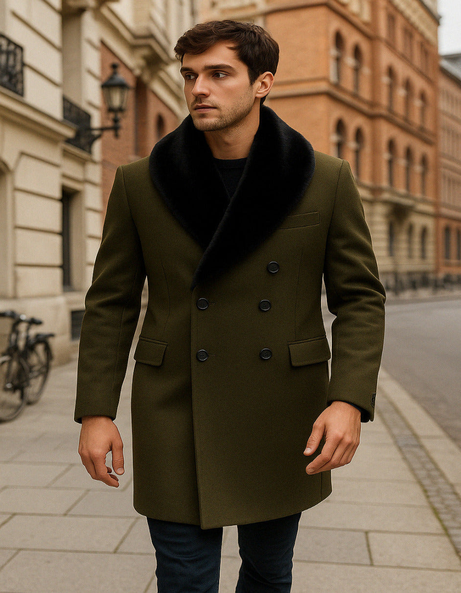 Olive Green Wool Overcoat with Black Faux Fur Shawl