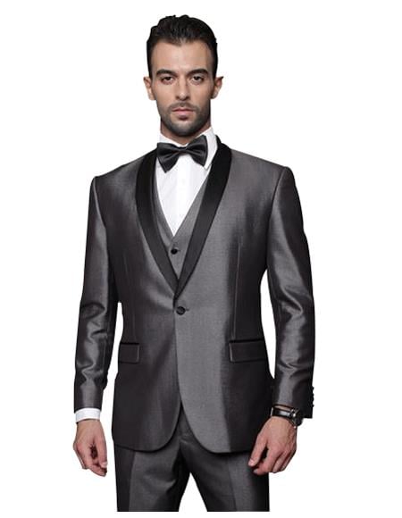Classic Vested 1 Button Shawl Collar Charcoal Grey Sheen Look With Black Lapel Suit Flat - Three Piece Suit