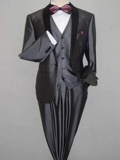 Men's Gray Black Shawl Tuxedo Slim Fitted 3 Piece Two Toned Shiny Sharkskin Suit