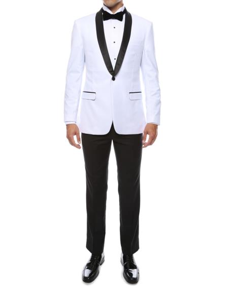 Men's One Button Shawl Lapel White 2 Piece Slim Fit Tuxedo Suit