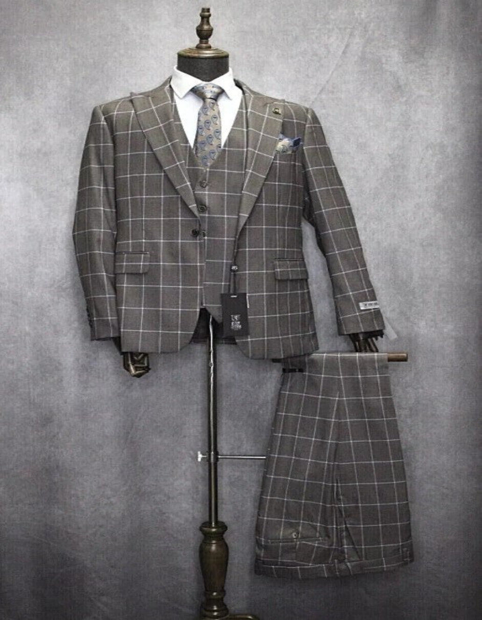 Men's One Button Peak Lapel Plaid Suit