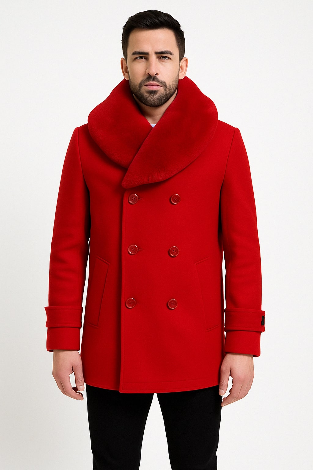 Red Wool Double-Breasted Mens Peacoat