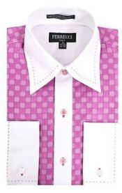 Microfiber Design Two Tone Geometric Regular Fit Pink/White Dress Shirt White Collar White Collar Two Toned Contrasted Contrast Men's Dress Shirt