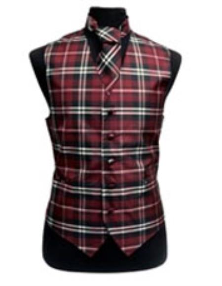 Men's White/Burgundy ~ Wine ~ Maroon Color Slim Fit Polyester Plaid Design Dress Tuxedo Wedding Vest/Bow Tie Fashion Set - Men's Neck Ties - Mens Dress Tie - Trendy Mens Ties