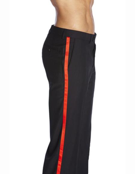 Men's Classic Fit Black Flat or Pleated Front With Satin Red Trimmed Band Solid Tuxedo Pant Slacks unhemmed unfinished bottom