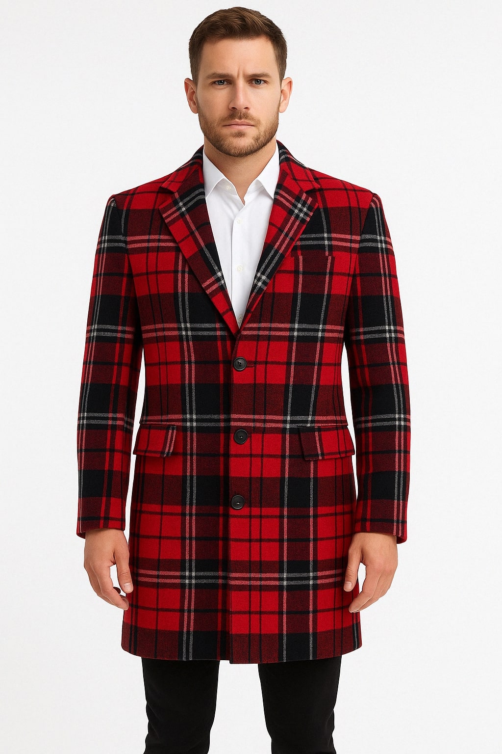 Men’s Plaid Wool Overcoat with Notch Lapel
