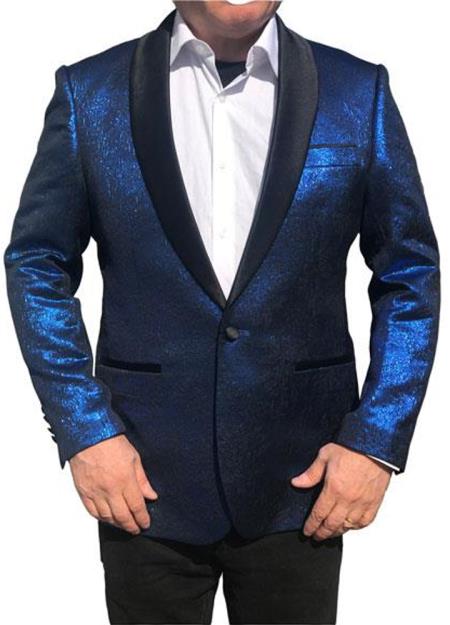 Men's Royal Blue One Button Black Shawl Lapel Jacket