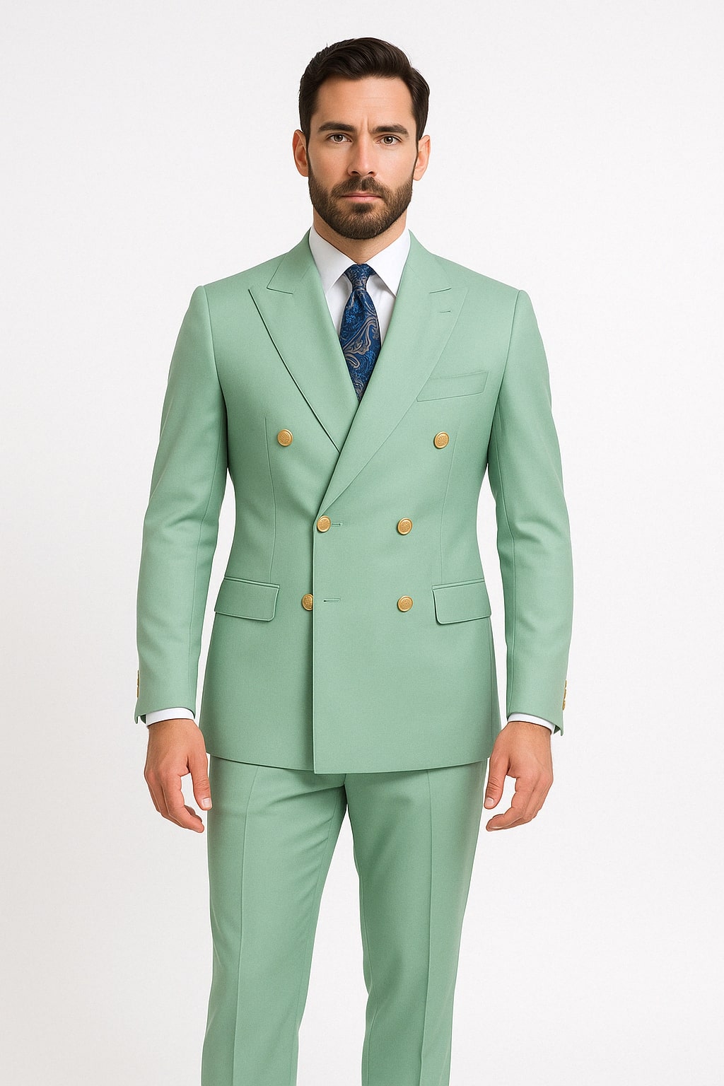 Sage Green Double-Breasted Slim Suit with Gold Buttons