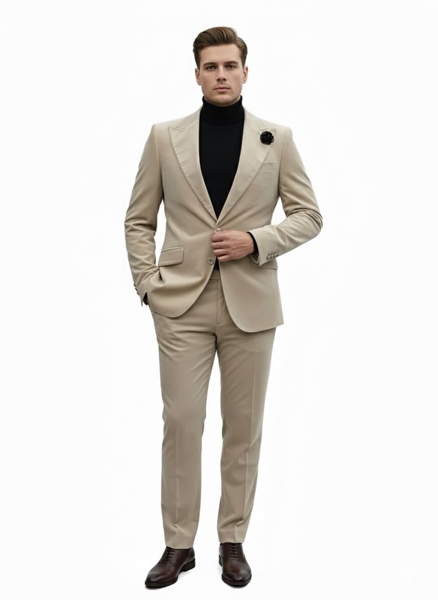 Sand Beige Velvet Slim Tuxedo Suit - 2 Piece Set