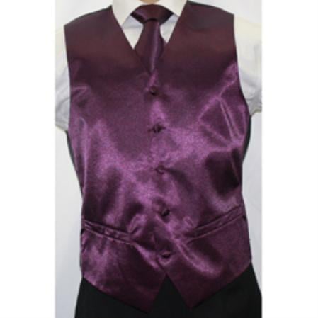 Men's Shiny Dark Purple Microfiber 3-piece Dress Tuxedo Wedding Vest ~ Waistcoat ~ Waist coat Buy 10 of same color Tie For $25 Each