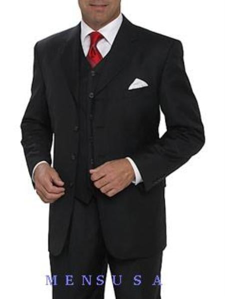 Men's Black 3 Button Vested 3 Piece three piece suit - Jacket + Pants + Vest main image 1