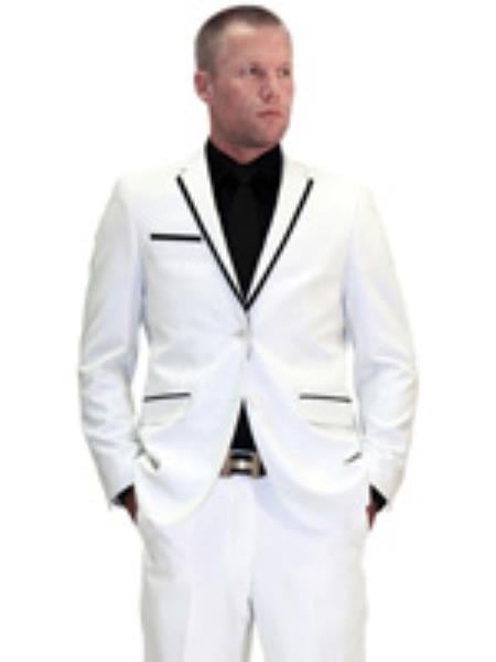 Men's White Tuxedo With Black Trim 100% Luxury Rayon Two Button Jacket