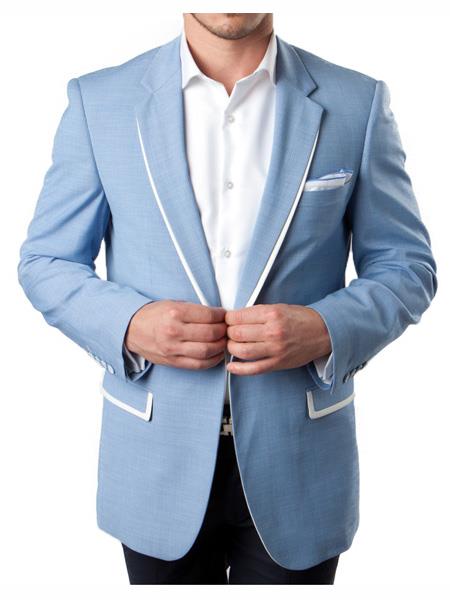 Men's 1 Button Sky Blue Summer Blazer With White Trim Accents Tuxedo Dinner Jacket