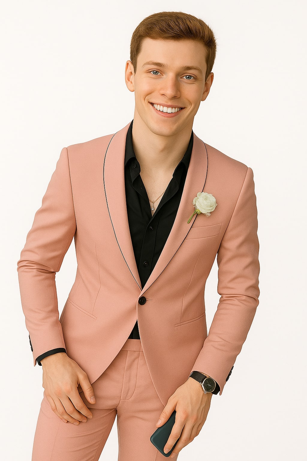 Slim Fit Pink Tuxedo Suit with Black Trim