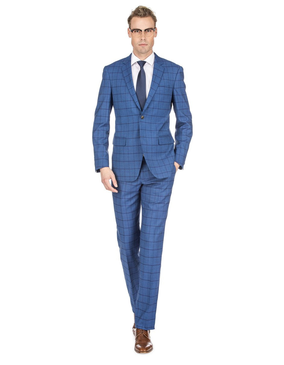 Indigo Blue Slim Fit Window Pane Suit for Men