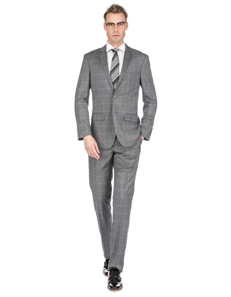 Mens Slim Fit Window Pane Suit - Medium Grey