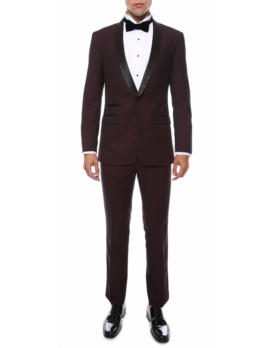 Mens Skinny Fit Shawl Prom Tuxedo - Burgundy