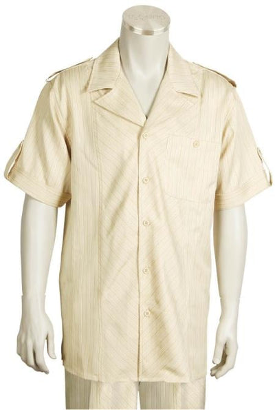 Mens Walking Suit Men's 2 Piece Short Sleeve Two Piece Mens Walking Outfit Pant Sets Suit - Buttoned Accents Taupe Leisure Casual Suit For Sale