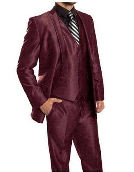 Men's Sharkskin Burgundy ~ Wine ~ Maroon Suit vested Cheap Priced Business Suits Cle