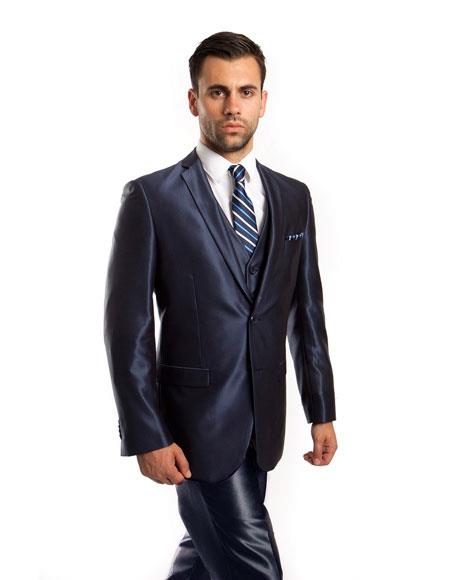 Men's Sharkskin Flashy Metallic Silky Shiny Dark Navy 2 Button 3 Piece Suit Slim Fit Suit