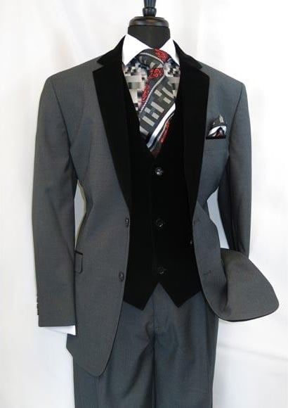 Men's Two Button Black Velour Velvet Suit Vested Side Vents Tuxedo Black 2 toned Suit