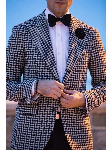 Mens Houndstooth Blazers Mens Two Button houndstooth checkered Designed Black ~ White Blazer