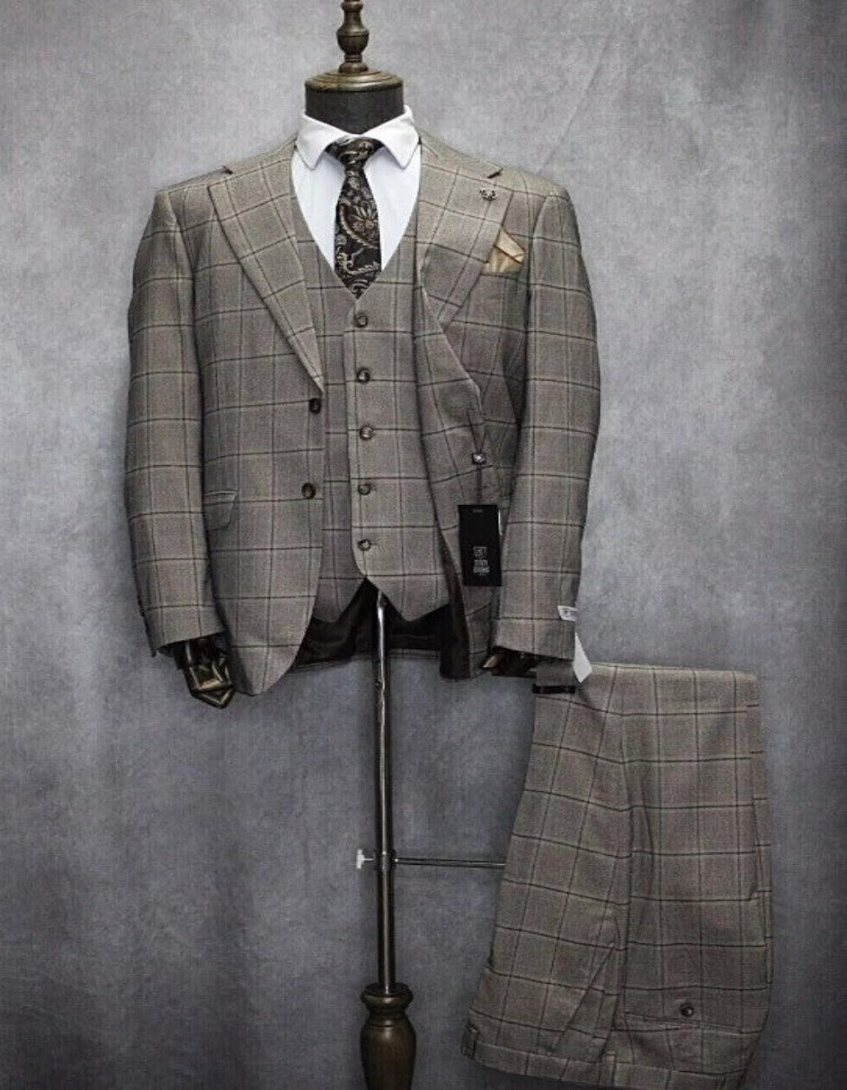 Plaid Two Button Notch Lapel Suit Tan Brown