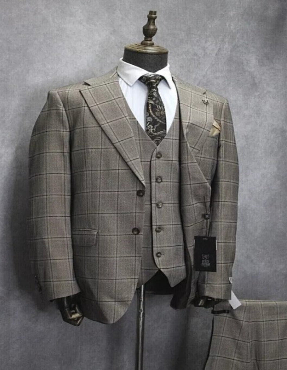 Plaid Two Button Notch Lapel Suit Tan Brown