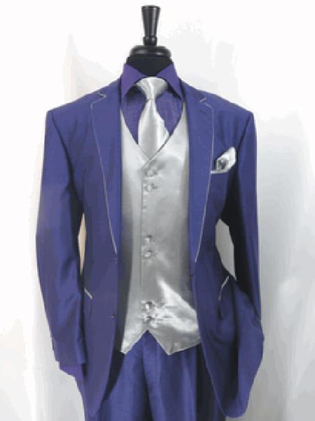 Men's Two Toned Trimmed Jacket With Matching Satin Vest and Hankie Purple