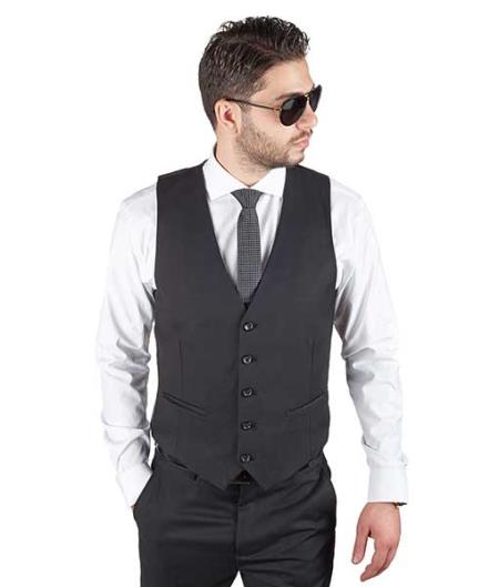 Men's Matching Vest + Pleated Or Flat Front Pants Slacks Black