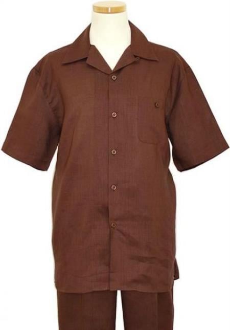 Mens Linen Suit - 2 Piece Summer Casual Two Piece Mens Walking Outfit For Sale Pant Sets Casual Suit Short sleeve Shirt + Pants Brown