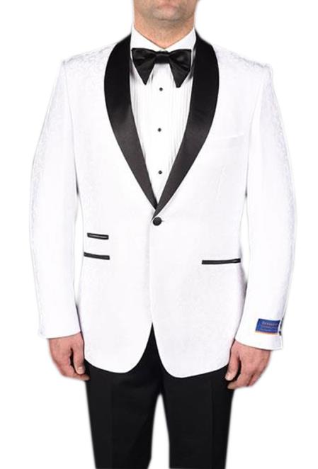 Men's White 1 Button Tuxedo Modern Geometric Pattern Super 150's Viscose Blend Dinner Jacket